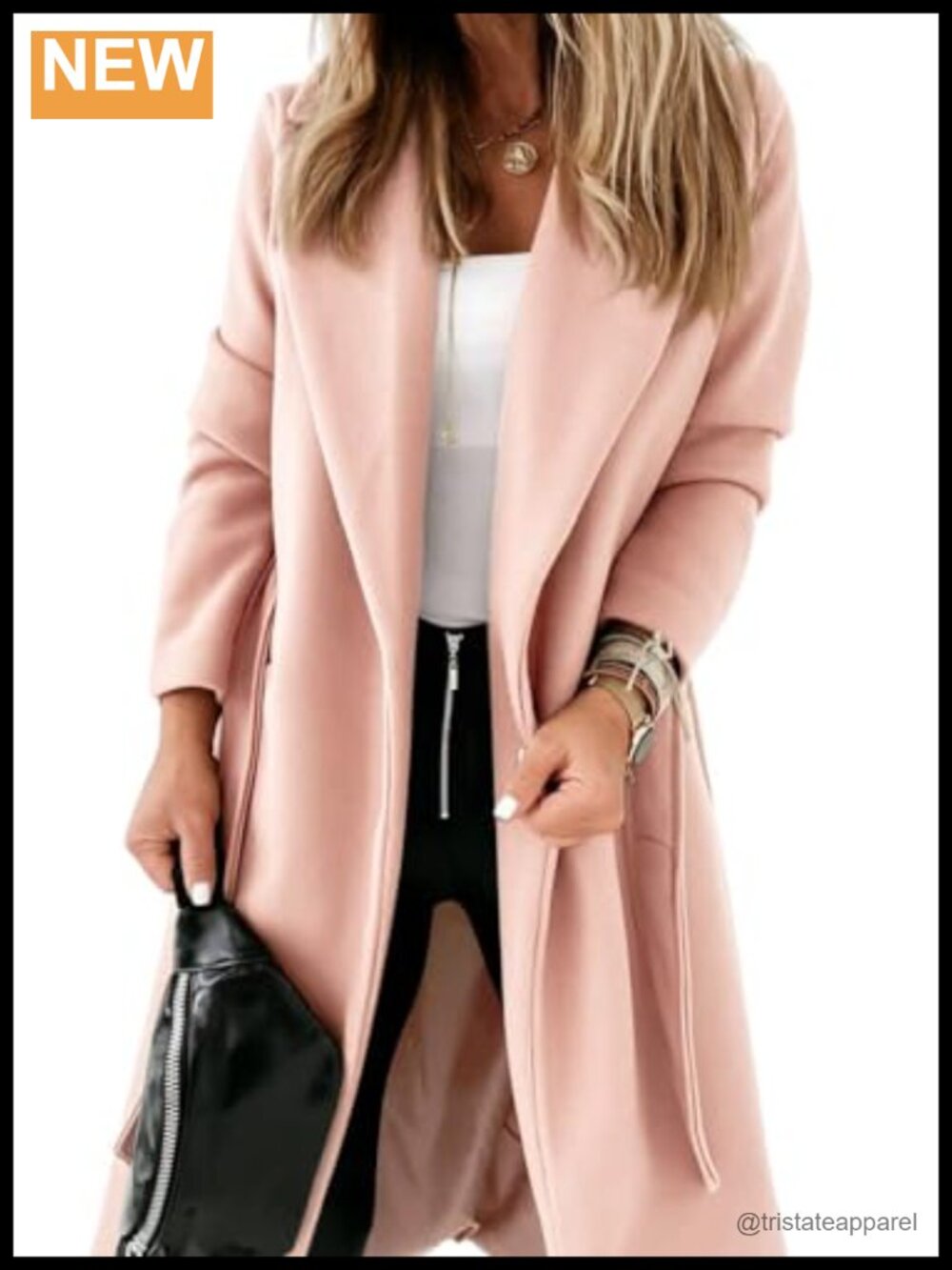 Womens Classic Pea Coat Lapel Collar Open Front Belted Long Jacket